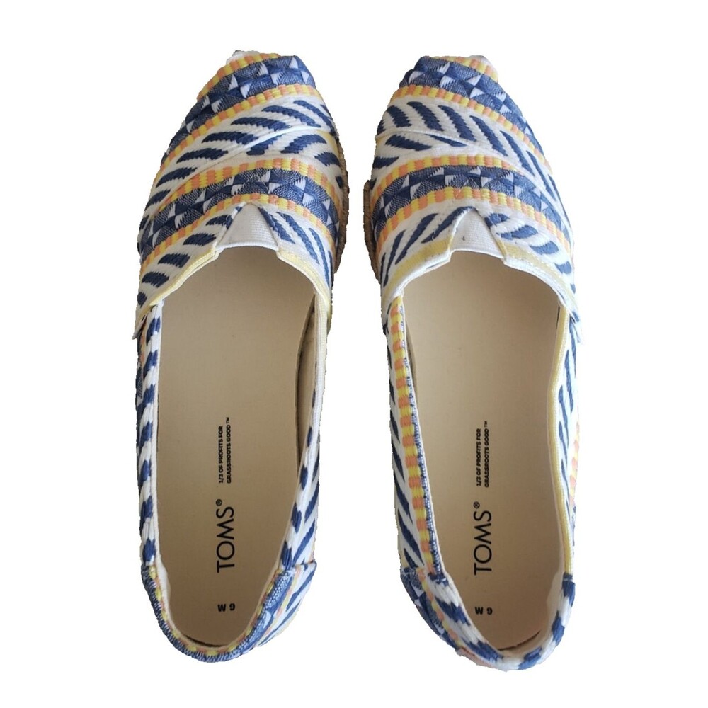 TOMS Alpargata Rope Natural Global Jacquard Espradille Flat Blue Yellow Size 9 - Picture 8 of 11